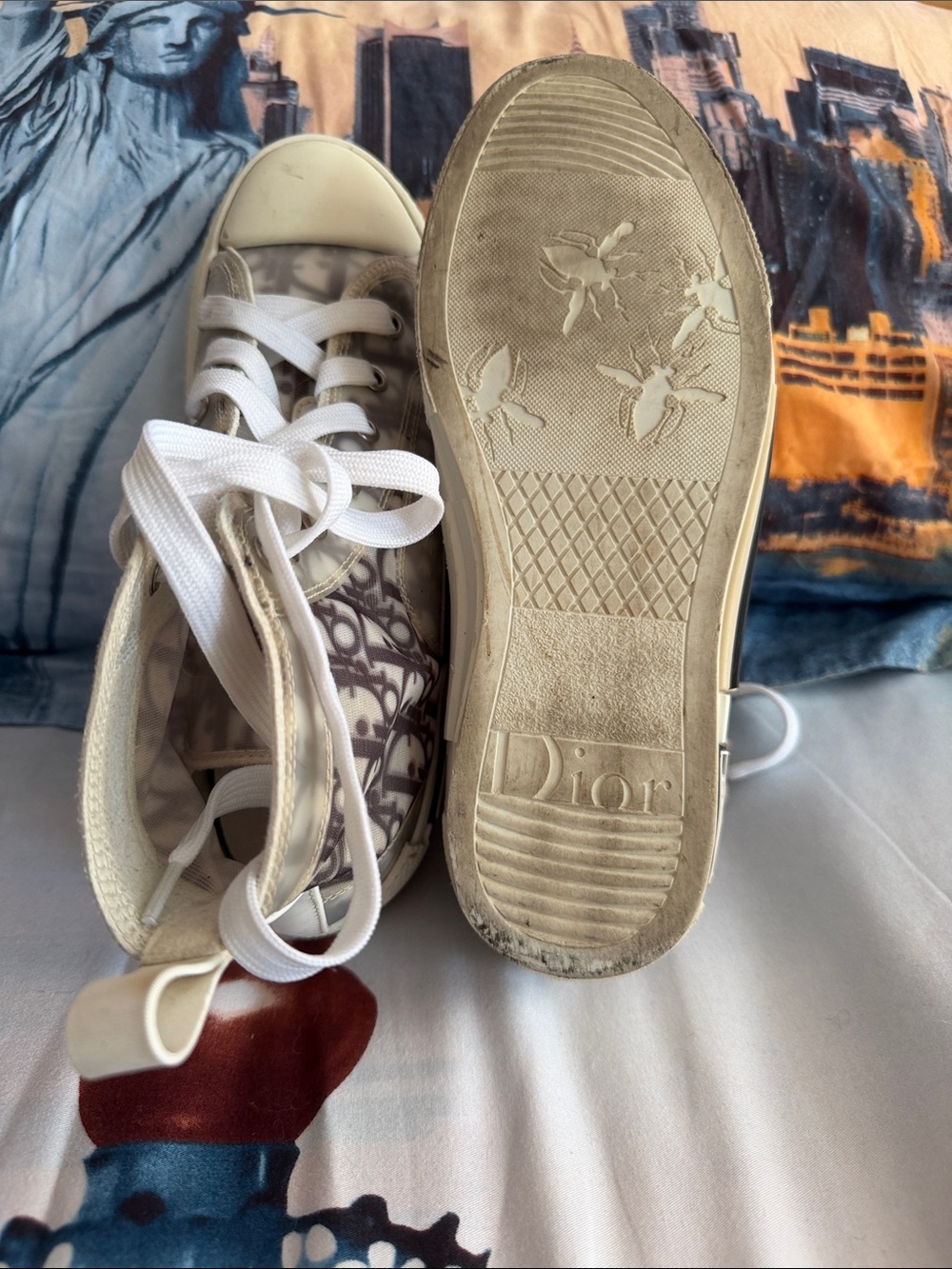Dior White and Beige Monogram High-Top Sneakers